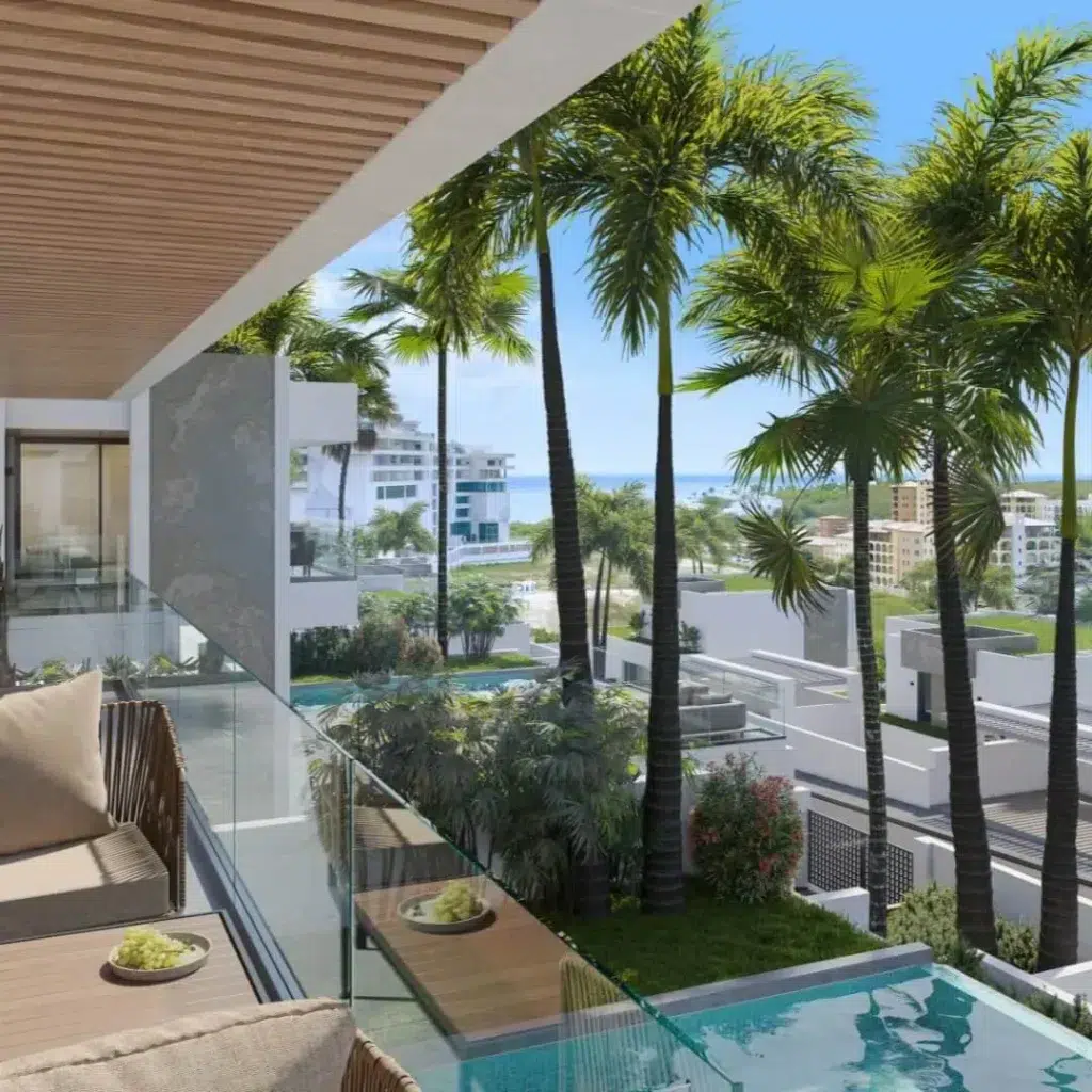Modern villa terrace with pool and palm trees Aquas Villas Sint Maarten
