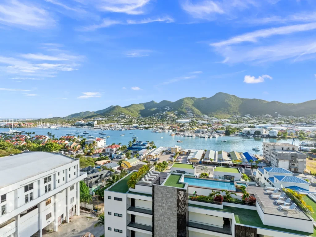 Lagoon and marina view from apartment B257 at The Hills Residence Sint Maarten